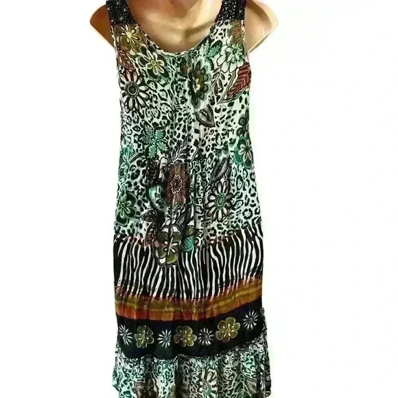 Forbidden Dress L Boho Flowy Rayon Beaded Lace Trim Hippie Festival Sundress - Picture 2 of 6